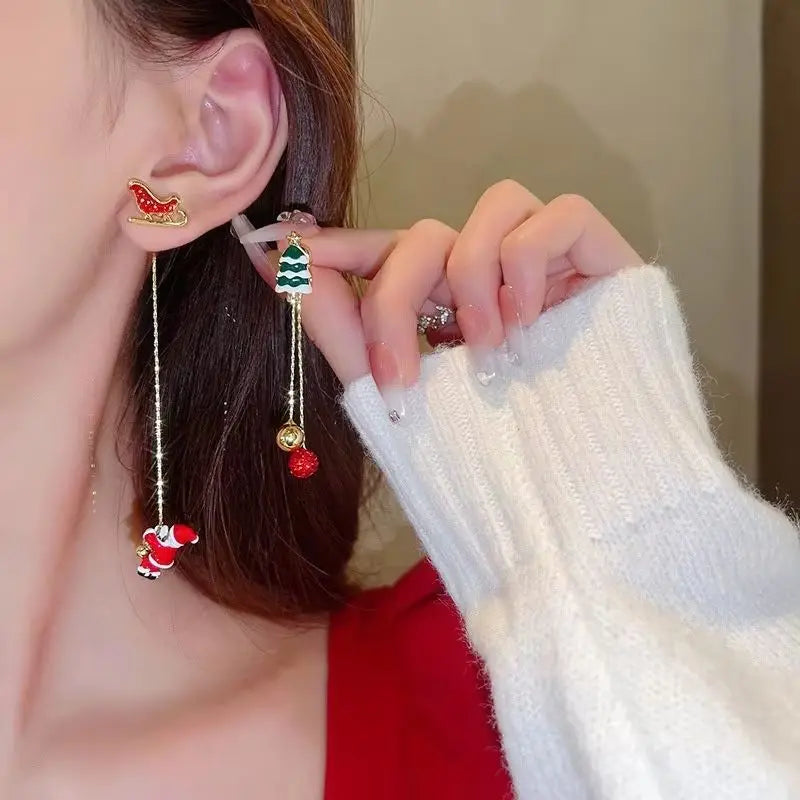 Fashion Climbing Santa Claus Tassel Stud Earrings for Women Sweet Star Christmas Tree Asymmetric Earring New Year Jewelry Gift