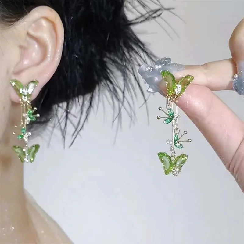 New Trendy Green Zircon Butterfly Earrings for Women Light Luxury Sweet Long Tassel Earrings Aesthetics Wedding Party Jewelry