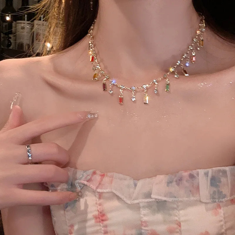 Romantic Colorful Rhinestones Tassel Necklaces for Women Bohemian Simple Zircon Heart Necklaces Y2K Friendship Jewelry Gifts