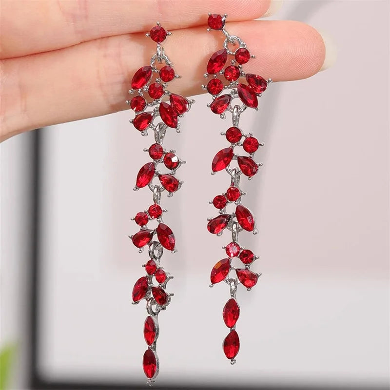 Fashion Red Zircon Long Tassel Earrings for Women Elegant Rose Crystal Pendant Earrings Girls Party Wedding Statement Jewelry