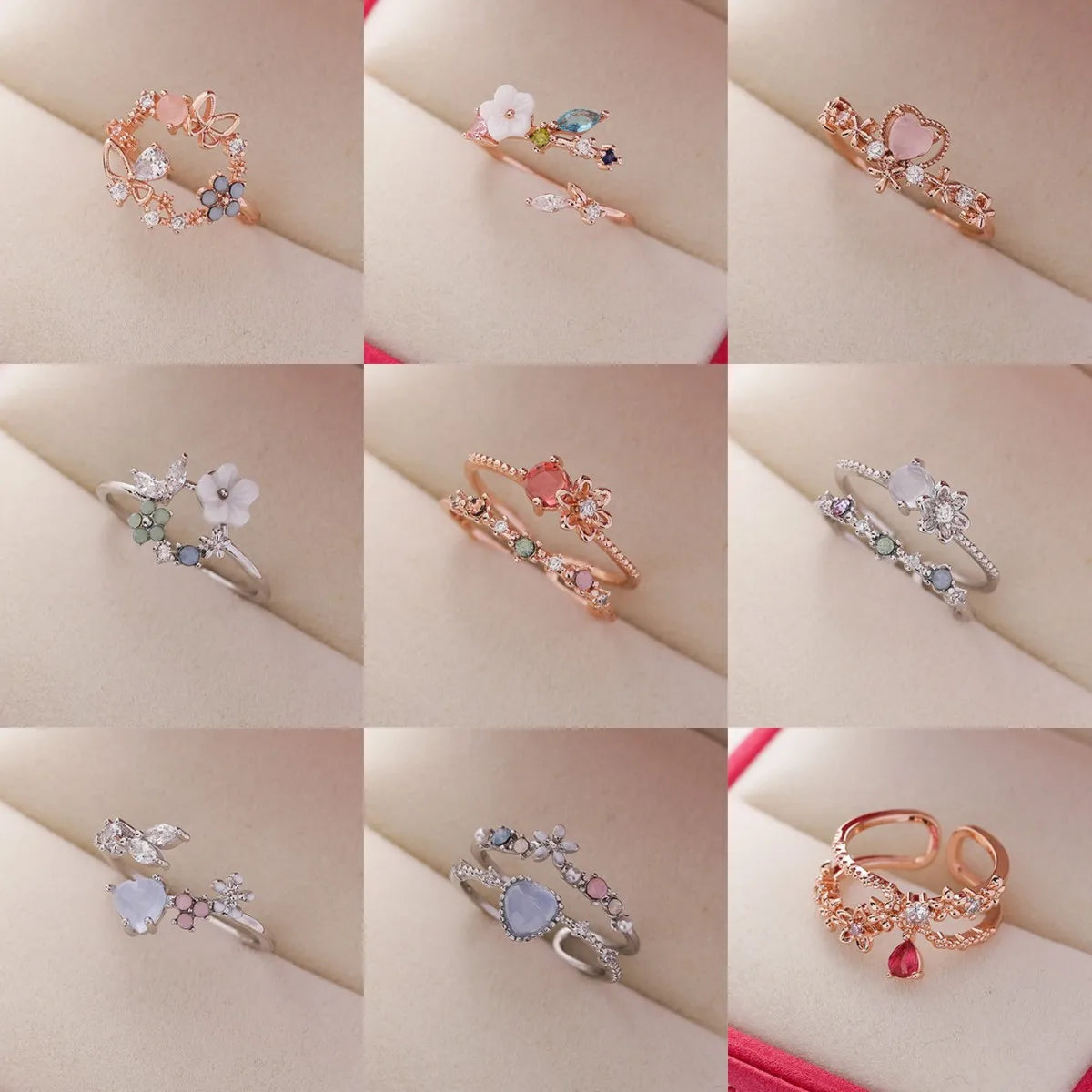 Delicate Crystal Zircon Rings for Women Sweet Flower Leaf Butterfly Adjustable Open Rings Wedding Engagement Jewelry Gift