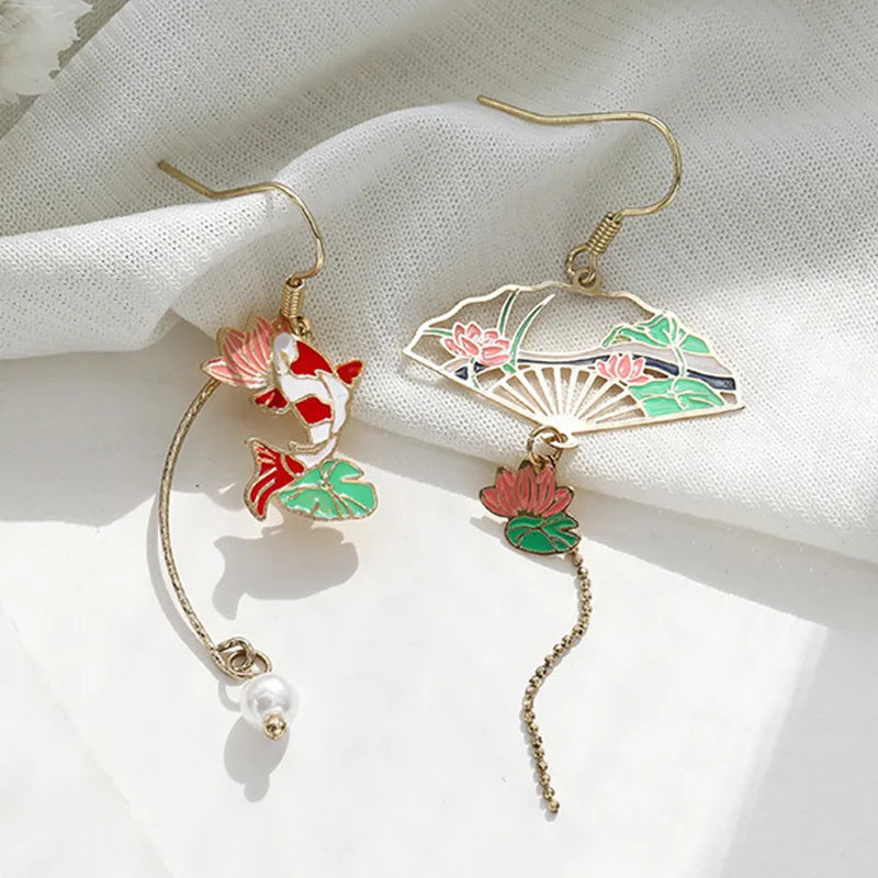 Chinese Style Folding Fan Crane Carp Lotus Asymmetrical Long Tassel Dangle National Style Earrings for Women Jewelry Gift