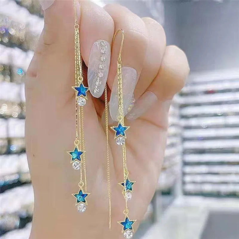 Elegant Blue Crystal Five-pointed Star Long Tassel Earrings for Women Girl Fashion Zircon Ear Line Dangle Earrings Jewelry Gifts