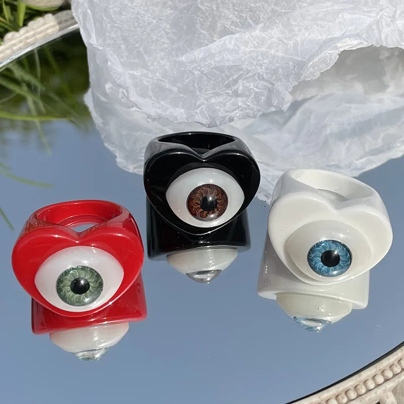 New Gothic Punk Colorful Love Heart Evil Eye Resin Acrylic Rings