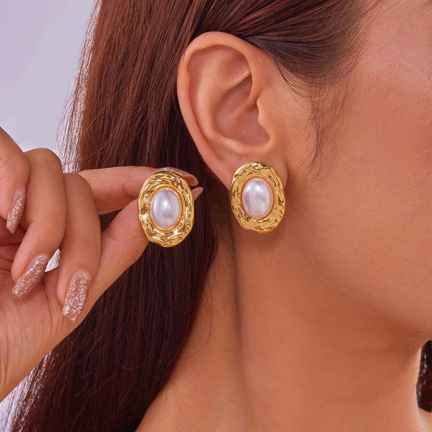 Vintage Oval Fashion Imitation Pearl Stud Earrings for Women Stainless Steel Irregular Geometry France Statement Jewelry Gift