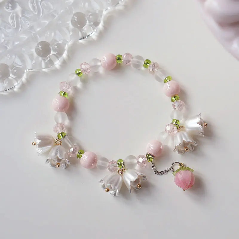 Sweet Vintage Pearl Lily Tulip Flower Bracelet for Women Fashion Cute Tassel Peach Pendant Bracelets Aesthetic Jewelry
