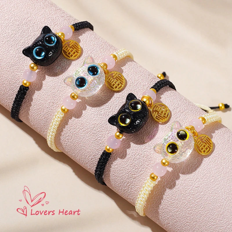 Lucky Blue Big Eye Black Cat Bracelets for Women Men Fashion Cartoon Animal Handmade Braided Bracelets Couple Jewelry Gifts